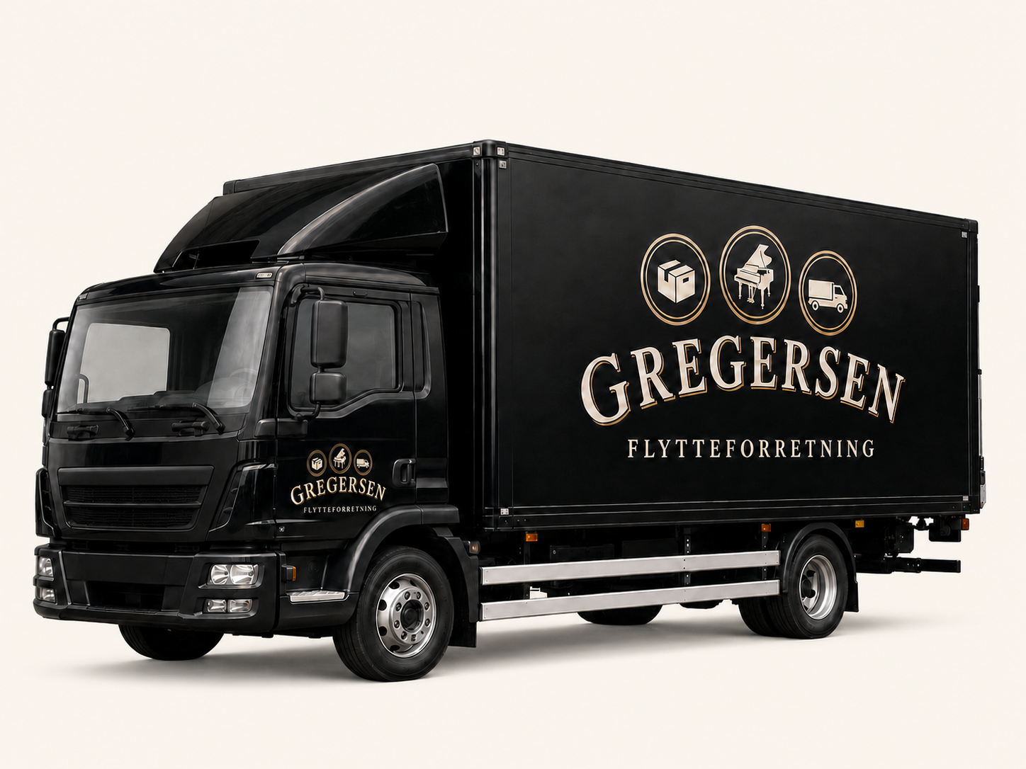 Sort flyttebil fra Gregersen Flytteforretning